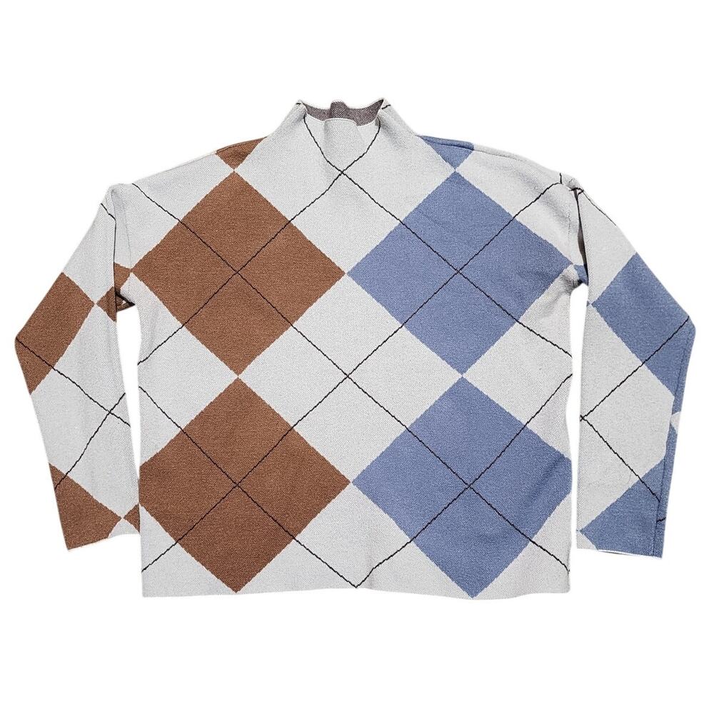 Rachel Zoe Argyle Mock Neck Pullover Knit Sweater Women's XL Cream Tan Blue